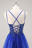 Glitter Royal Blue Perlé Une Ligne Longue Robe de soirée Avec Fente