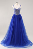 Robe de soirée longue bleu royal avec perles