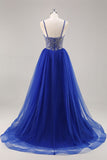 Robe de soirée longue bleu royal avec perles