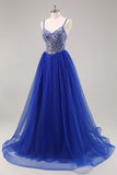 Robe de soirée longue bleu royal avec perles