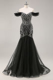 Robe de bal noire sirène perlée à épaules dénudées