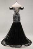 Robe de bal noire sirène perlée à épaules dénudées