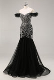 Robe de bal noire sirène perlée à épaules dénudées