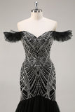 Robe de bal noire sirène perlée à épaules dénudées