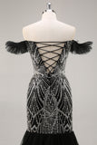Robe de bal noire sirène perlée à épaules dénudées