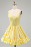 Corset jaune A-Line Strapless Piers Corset Short Homecoming avec volants