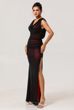 Noir Rouge Col V Ruched Gaine Longue Robe de demoiselle d’honneur