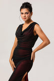 Noir Rouge Col V Ruched Gaine Longue Robe de demoiselle d’honneur