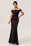 Robe de demoiselle d’honneur rose noire à épaules dénudées avec fleur 3D