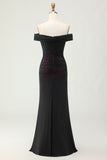 Robe de demoiselle d’honneur rose noire à épaules dénudées avec fleur 3D