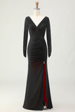 Noir Rouge Ruché Fourreau Robe de demoiselle d’honneur à manches longues avec fente