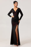 Noir Rouge Col V Ruché Gaine Manches Longues Robe de demoiselle d’honneur longue avec fente