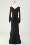 Noir Rouge Ruché Fourreau Robe de demoiselle d’honneur à manches longues avec fente