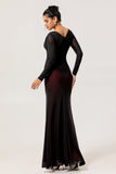 Noir Rouge Ruché Fourreau Robe de demoiselle d’honneur à manches longues avec fente