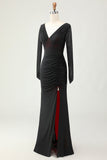 Noir Rouge Ruché Fourreau Robe de demoiselle d’honneur à manches longues avec fente