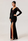 Noir Rouge Col V Ruché Gaine Manches Longues Robe de demoiselle d’honneur longue avec fente