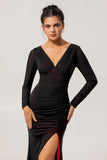 Noir Rouge Col V Ruché Gaine Manches Longues Robe de demoiselle d’honneur longue avec fente