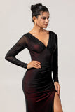 Noir Rouge Col V Ruché Gaine Manches Longues Robe de demoiselle d’honneur longue avec fente