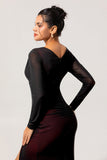 Noir Rouge Col V Ruché Gaine Manches Longues Robe de demoiselle d’honneur longue avec fente