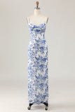 Fourreau imprimé blanc fleur bleu longue robe d’invité de mariage