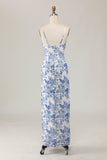 Fourreau imprimé blanc fleur bleu longue robe d’invité de mariage