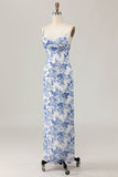 Fourreau imprimé blanc fleur bleu longue robe d’invité de mariage