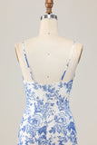 Fourreau imprimé blanc fleur bleu longue robe d’invité de mariage