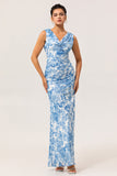 Fleur bleue col bénitier gaine impression longue robe de demoiselle d’honneur avec fente