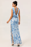Fleur bleue col bénitier gaine impression longue robe de demoiselle d’honneur avec fente