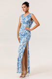 Fleur bleue col bénitier gaine impression longue robe de demoiselle d’honneur avec fente