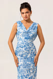 Fleur bleue col bénitier gaine impression longue robe de demoiselle d’honneur avec fente