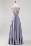 Dusty Blue A Line Robe de demoiselle d’honneur longue avec dos à lacets