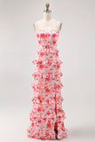 Robe d’invité de mariage longue à volants floral rose avec fente