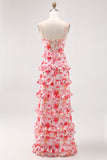 Robe d’invité de mariage longue à volants floral rose avec fente