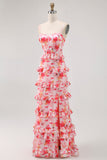 Robe d’invité de mariage longue à volants floral rose avec fente