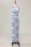 Robe d’invité longue de mariée moulante blanche bleue à imprimé floral