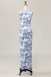 Robe d’invité longue de mariée moulante blanche bleue à imprimé floral
