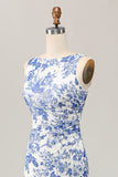 Robe d’invité longue de mariée moulante blanche bleue à imprimé floral