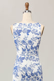Robe d’invité longue de mariée moulante blanche bleue à imprimé floral