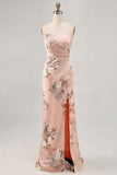 Blush Floral Robe de demoiselle d’honneur sans bretelles avec fente