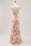 Blush Floral Robe de demoiselle d’honneur sans bretelles avec fente