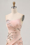 Blush Floral Robe de demoiselle d’honneur sans bretelles avec fente
