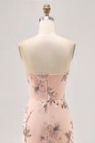 Blush Floral Robe de demoiselle d’honneur sans bretelles avec fente
