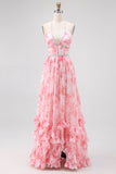 Blush perlé licol imprimé floral robe d’invité de mariage avec fente