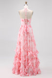 Blush perlé licol imprimé floral robe d’invité de mariage avec fente