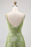 Robe de demoiselle d’honneur Floral A Ligne Vert Sauge avec Fente