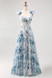 Fleur bleue imprimée Une ligne Robe de demoiselle d’honneur longue avec dos à lacets