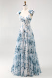 Fleur bleue imprimée Une ligne Robe de demoiselle d’honneur longue avec dos à lacets