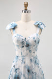Fleur bleue imprimée Une ligne Robe de demoiselle d’honneur longue avec dos à lacets