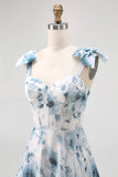 Fleur bleue imprimée Une ligne Robe de demoiselle d’honneur longue avec dos à lacets